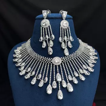 Silver Crystal Bridal Necklace Earrings Set, Indian Wedding Jewelry, Statement Choker 3