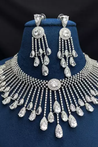 Silver Crystal Bridal Necklace Earrings Set, Indian Wedding Jewelry, Statement Choker