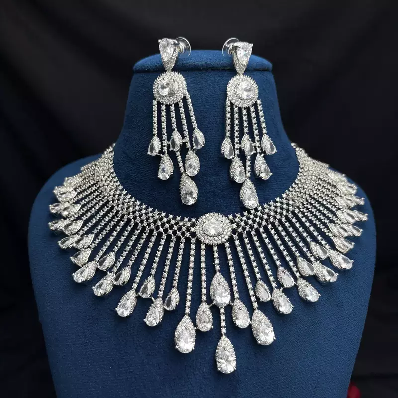 Silver Crystal Bridal Necklace Earrings Set, Indian Wedding Jewelry, Statement Choker