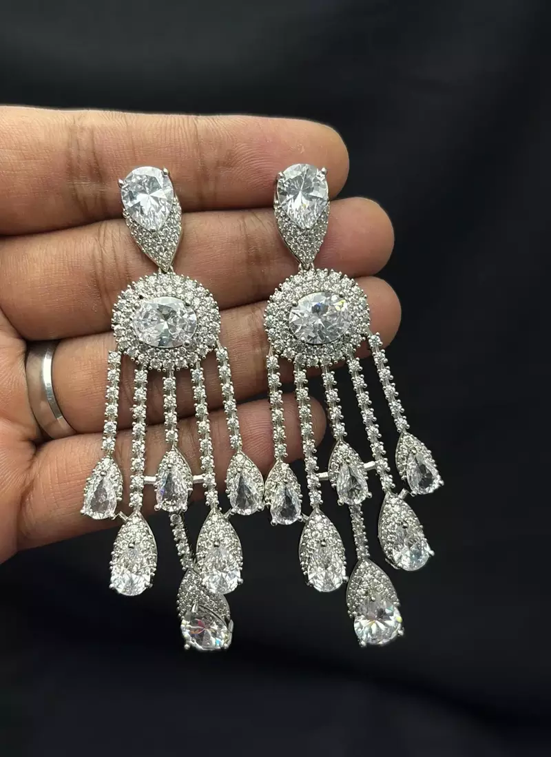 Silver Crystal Bridal Necklace Earrings Set, Indian Wedding Jewelry, Statement Choker