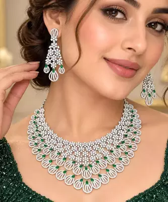Green Stone Kundan Bridal Necklace Set, Silver Tone Indian Jewelry 1