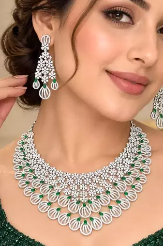 Green Stone Kundan Bridal Necklace Set, Silver Tone Indian Jewelry