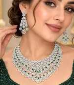 Green Stone Kundan Bridal Necklace Set, Silver Tone Indian Jewelry