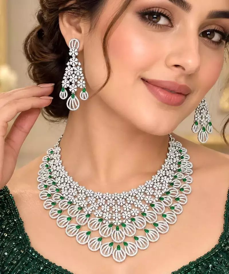 Green Stone Kundan Bridal Necklace Set, Silver Tone Indian Jewelry
