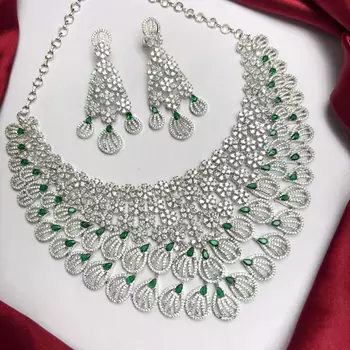 Green Stone Kundan Bridal Necklace Set, Silver Tone Indian Jewelry 2