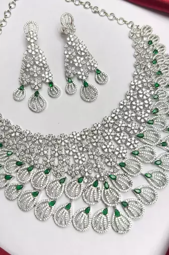 Green Stone Kundan Bridal Necklace Set, Silver Tone Indian Jewelry