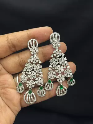 Green Stone Kundan Bridal Necklace Set, Silver Tone Indian Jewelry 3