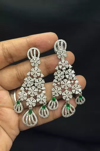 Green Stone Kundan Bridal Necklace Set, Silver Tone Indian Jewelry