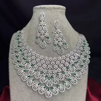 Green Stone Kundan Bridal Necklace Set, Silver Tone Indian Jewelry 4