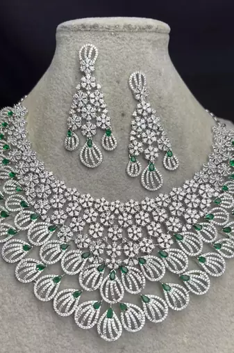 Green Stone Kundan Bridal Necklace Set, Silver Tone Indian Jewelry