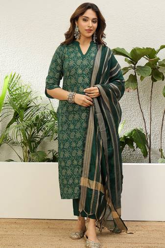Women’s cotton printed straight kurta pent dupatta sets
