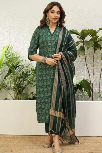 Women’s cotton printed straight kurta pent dupatta sets
