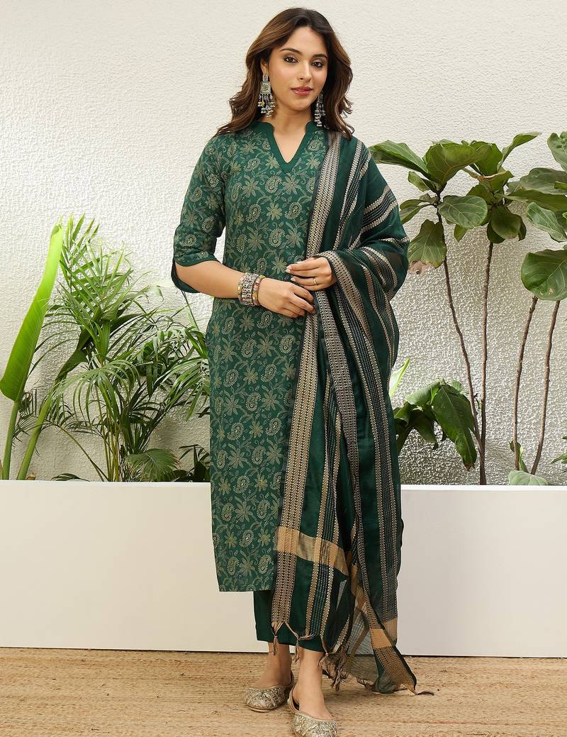 Women’s cotton printed straight kurta pent dupatta sets