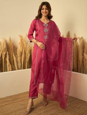 Women’s cherry red silk straight kurta pent dupatta sets 1
