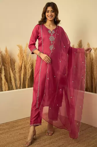 Women’s cherry red silk straight kurta pent dupatta sets