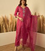 Women’s cherry red silk straight kurta pent dupatta sets