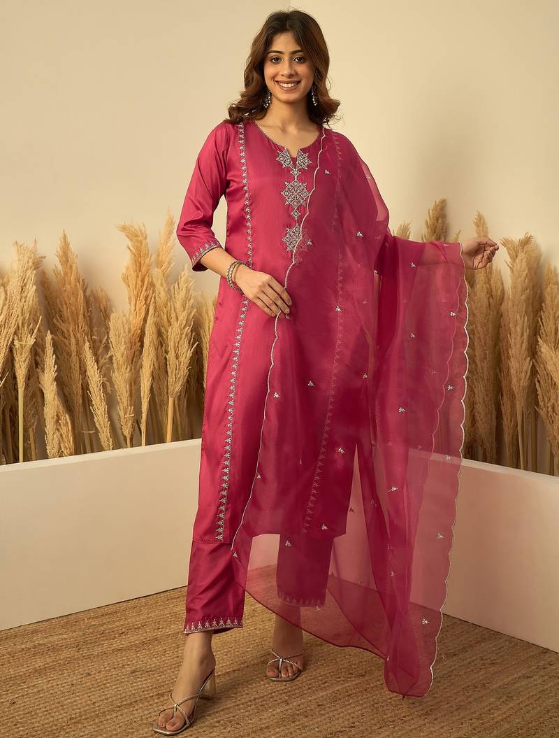 Women’s cherry red silk straight kurta pent dupatta sets