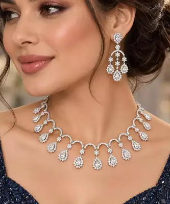 Silver-Tone Crystal Bridal Necklace Earrings Set, Floral Rhinestone Jewelry 1