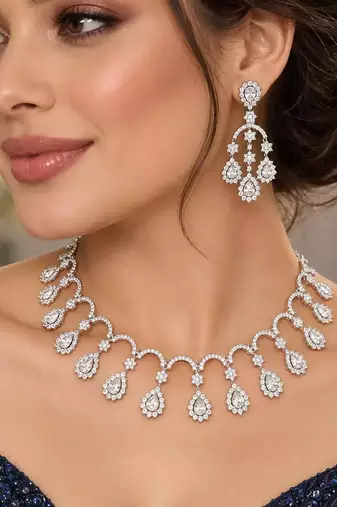 Silver-Tone Crystal Bridal Necklace Earrings Set, Floral Rhinestone Jewelry