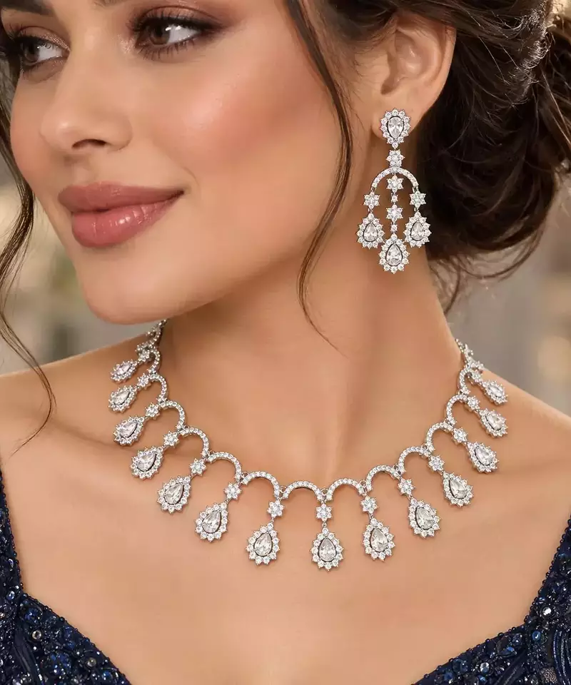 Silver-Tone Crystal Bridal Necklace Earrings Set, Floral Rhinestone Jewelry