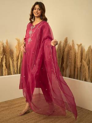 Women’s cherry red silk straight kurta pent dupatta sets 2