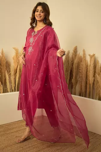 Women’s cherry red silk straight kurta pent dupatta sets