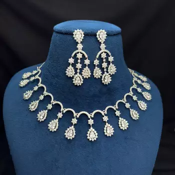 Silver-Tone Crystal Bridal Necklace Earrings Set, Floral Rhinestone Jewelry 2