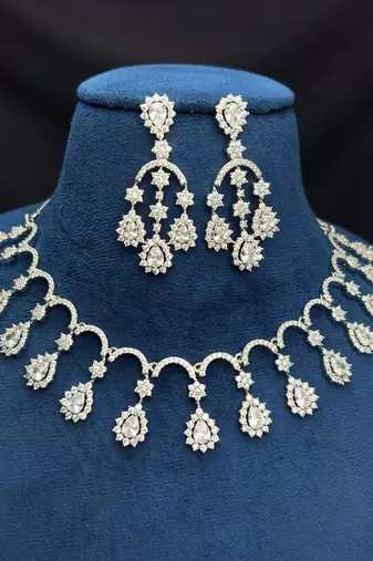 Silver-Tone Crystal Bridal Necklace Earrings Set, Floral Rhinestone Jewelry
