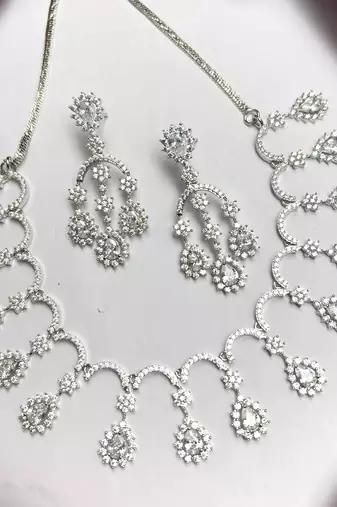 Silver-Tone Crystal Bridal Necklace Earrings Set, Floral Rhinestone Jewelry