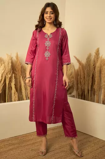 Women’s cherry red silk straight kurta pent dupatta sets