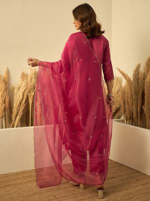 Women’s cherry red silk straight kurta pent dupatta sets 4
