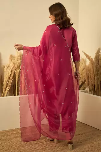 Women’s cherry red silk straight kurta pent dupatta sets