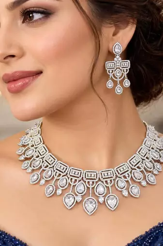 Silver Crystal Bridal Necklace & Earrings Set, Indian Wedding Jewelry, Prom Statement Choker