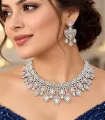 Silver Crystal Bridal Necklace & Earrings Set, Indian Wedding Jewelry, Prom Statement Choker