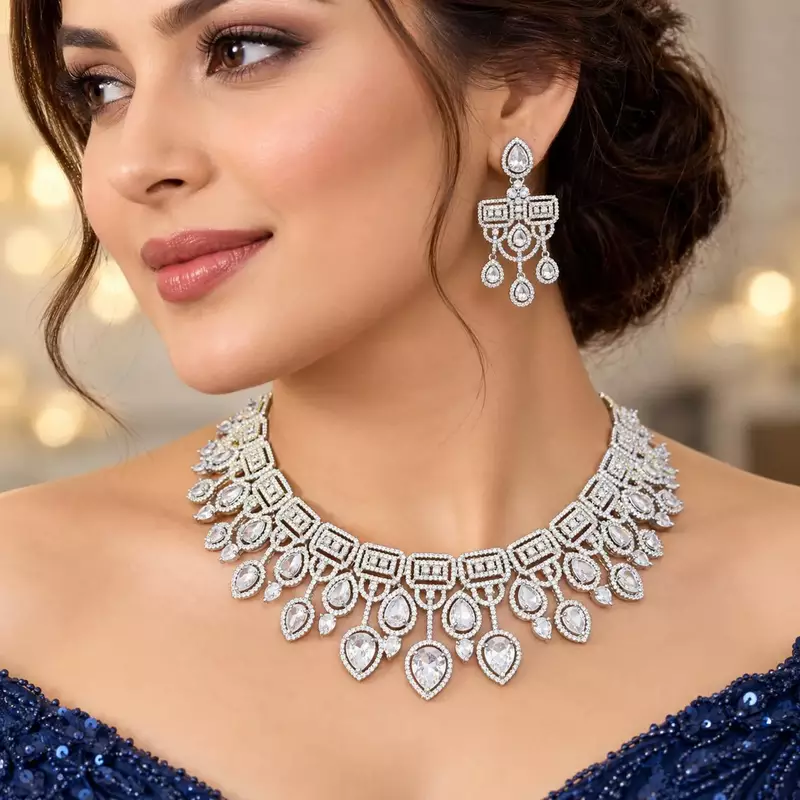 Silver Crystal Bridal Necklace & Earrings Set, Indian Wedding Jewelry, Prom Statement Choker