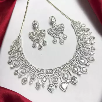 Silver Crystal Bridal Necklace & Earrings Set, Indian Wedding Jewelry, Prom Statement Choker 2