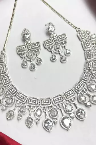 Silver Crystal Bridal Necklace & Earrings Set, Indian Wedding Jewelry, Prom Statement Choker
