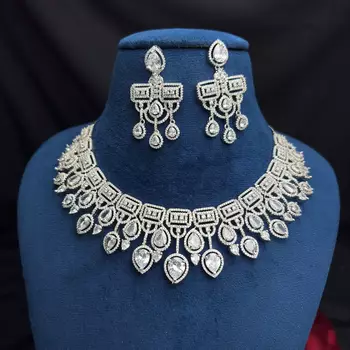 Silver Crystal Bridal Necklace & Earrings Set, Indian Wedding Jewelry, Prom Statement Choker 4