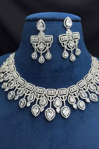 Silver Crystal Bridal Necklace & Earrings Set, Indian Wedding Jewelry, Prom Statement Choker