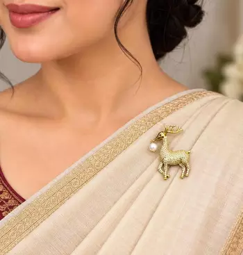Gold Tone Deer Brooch Pin, Crystal Rhinestone, Pearl Accent, Saree Jewelry 1