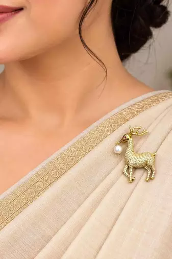 Gold Tone Deer Brooch Pin, Crystal Rhinestone, Pearl Accent, Saree Jewelry