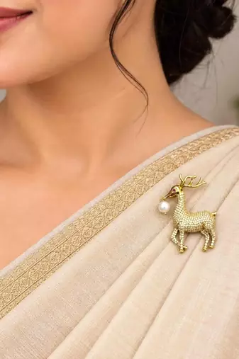 Gold Tone Deer Brooch Pin, Crystal Rhinestone, Pearl Accent, Saree Jewelry