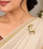 Gold Tone Deer Brooch Pin, Crystal Rhinestone, Pearl Accent, Saree Jewelry