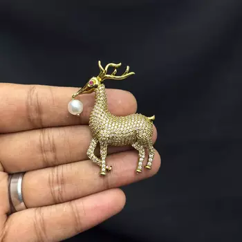 Gold Tone Deer Brooch Pin, Crystal Rhinestone, Pearl Accent, Saree Jewelry 2