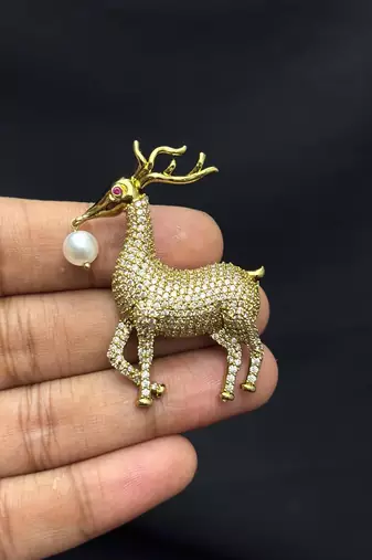 Gold Tone Deer Brooch Pin, Crystal Rhinestone, Pearl Accent, Saree Jewelry