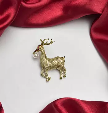 Gold Tone Deer Brooch Pin, Crystal Rhinestone, Pearl Accent, Saree Jewelry 3