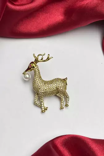 Gold Tone Deer Brooch Pin, Crystal Rhinestone, Pearl Accent, Saree Jewelry