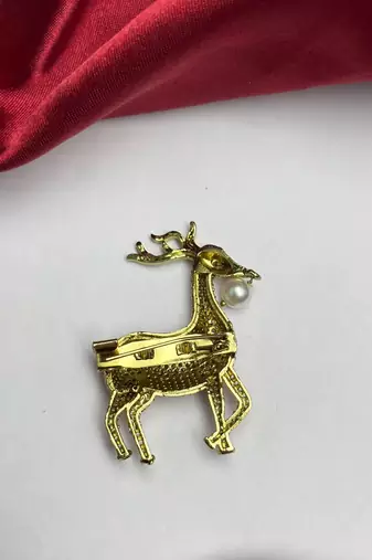 Gold Tone Deer Brooch Pin, Crystal Rhinestone, Pearl Accent, Saree Jewelry