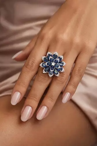 Pear Cut Blue Sapphire Floral Cocktail Ring Victorian Style
