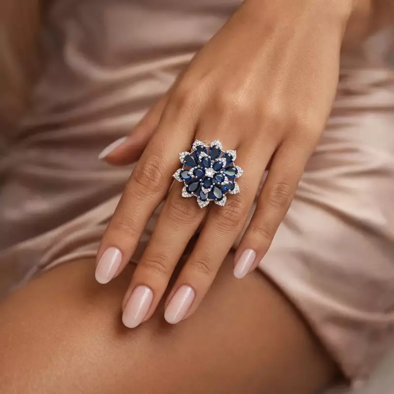 Pear Cut Blue Sapphire Floral Cocktail Ring Victorian Style